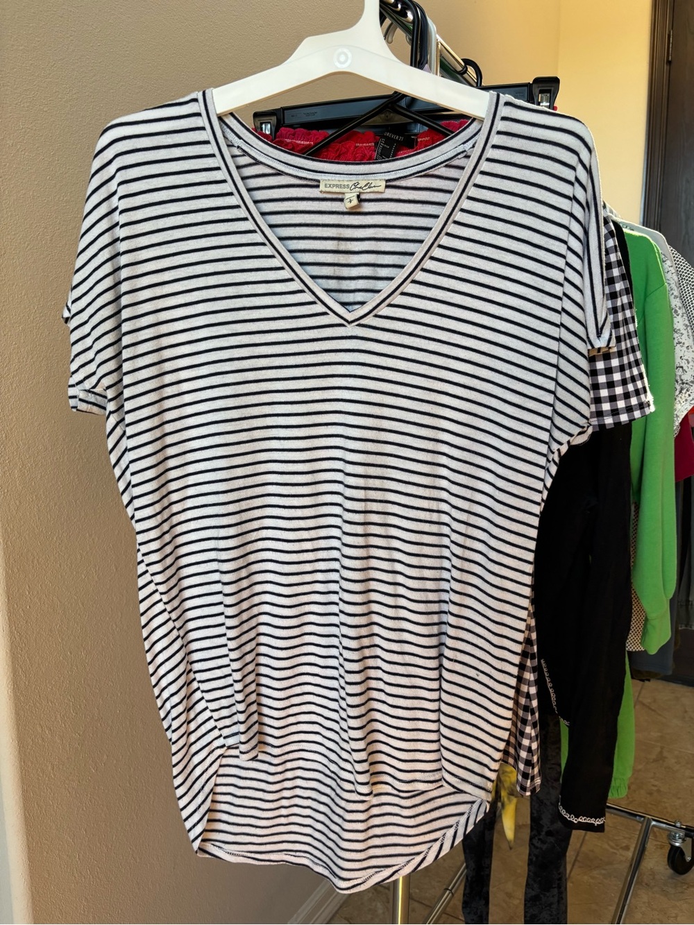 Express White and Black Striped V-Neck Tee